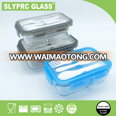 SLYPRC 2-Divider Glass Meal Prep Container with knife & fork & spoon Lid, BPA-Free, Airtight, Leakproof, Microwave, Oven safe