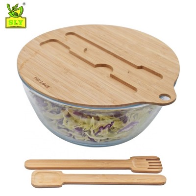 Eco friendly glass salad bowl with spork bamboo  lid