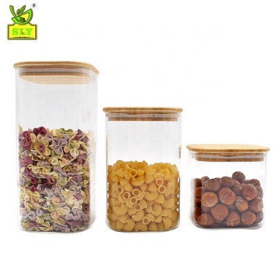 New Trends Square Kitchen Container Pyrex Glass Jar with Eco-friendly Bamboo lid Glass Food Storage Jar