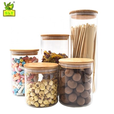 Eco-friendly recycled bamboo lid glass jar heat-resisting high borosilicate candy honey food glass storage jar